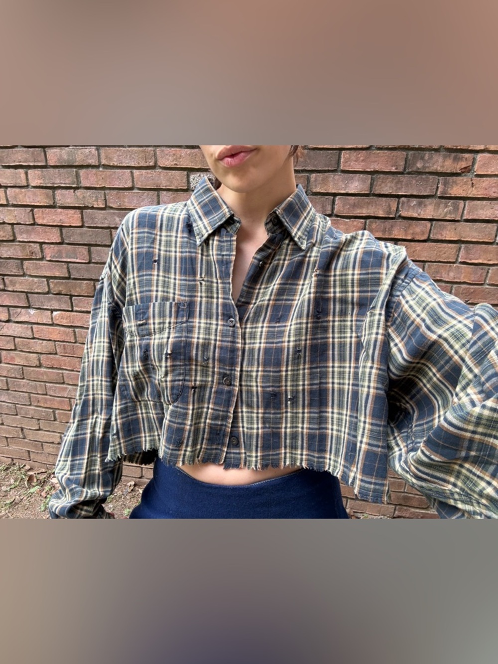 Navy Green and Beige Plaid Cropped Shirt